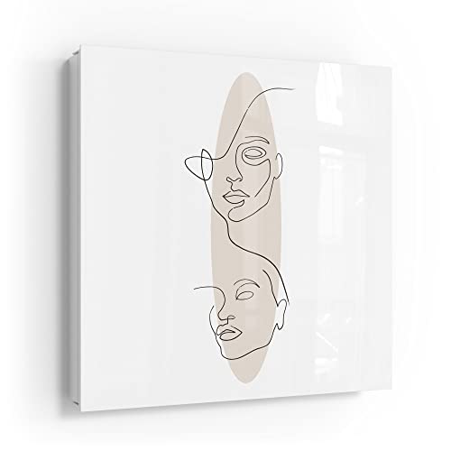DEQORI Schlüsselkasten weiß | 30x30 cm | Motiv Linien-Gesichter vor Oval | Glas & Metall Schlüssel-Box | Schlüsselschrank mit 50 Haken + 2 Magnete | Moderne Design Box magnetisch & beschreibbar von DEQORI