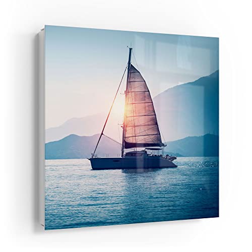 DEQORI Schlüsselkasten weiß | 30x30 cm | Motiv Segelboot in Abendsonne | Glas & Metall Schlüssel-Box | Schlüsselschrank mit 50 Haken + 2 Magnete | Moderne Design Box magnetisch & beschreibbar von DEQORI