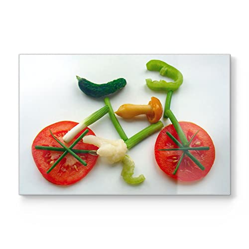 DEQORI Schneidebrett aus Glas | groß 30x20 cm | Motiv "Fahrrad aus Gemüse" | Design Schneideplatte für Küche | Frühstücksbrett antibakteriell & rutschfest | Glasplatte & Servierplatte von DEQORI