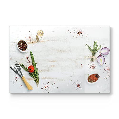 DEQORI Schneidebrett aus Glas | groß 30x20 cm | Motiv "Küchenkräuter und Gewürze" | Design Schneideplatte für Küche | Frühstücksbrett antibakteriell & rutschfest | Glasplatte & Servierplatte von DEQORI
