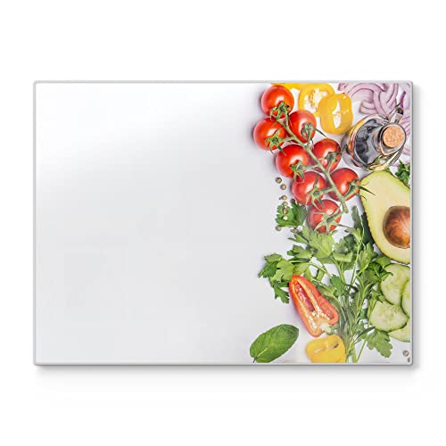 DEQORI Schneidebrett aus Glas | groß 40x30 cm | Motiv "Banner gerahmt mit Gemüse" | Design Schneideplatte für Küche | Frühstücksbrett antibakteriell & rutschfest | Glasplatte & Servierplatte von DEQORI
