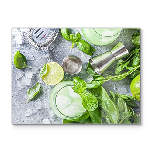 DEQORI Schneidebrett aus Glas | groß 40x30 cm | Motiv "Cocktail: Gin Basil Smash" | Design Schneideplatte für Küche | Frühstücksbrett antibakteriell & rutschfest | Glasplatte & Servierplatte von DEQORI