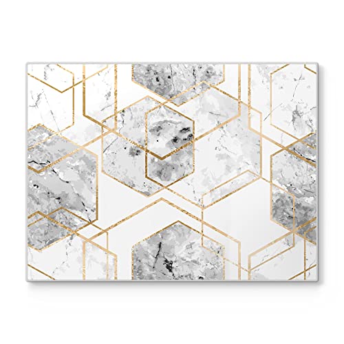 DEQORI Schneidebrett aus Glas | groß 40x30 cm | Motiv "Goldgerahmte Sechsecke" | Design Schneideplatte für Küche | Frühstücksbrett antibakteriell & rutschfest | Glasplatte & Servierplatte von DEQORI