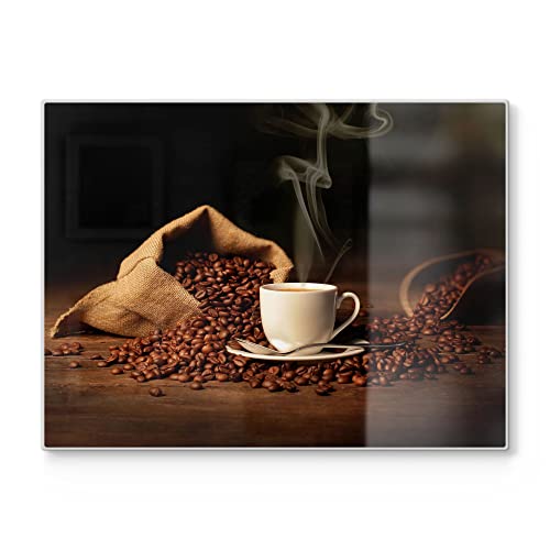 DEQORI Schneidebrett aus Glas | groß 40x30 cm | Motiv "Kaffeetasse mit Bohnen" | Design Schneideplatte für Küche | Frühstücksbrett antibakteriell & rutschfest | Glasplatte & Servierplatte von DEQORI