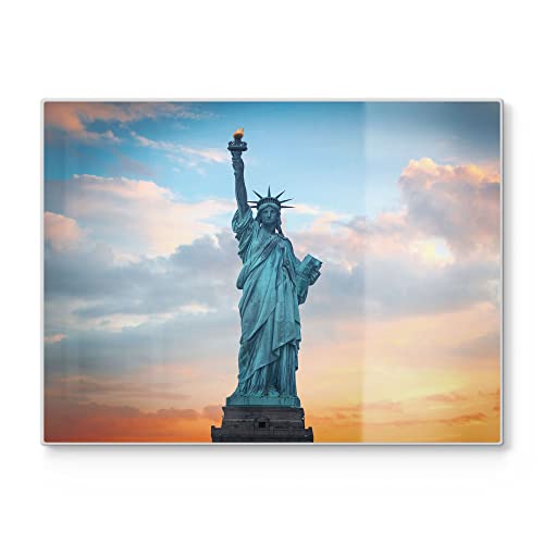 DEQORI Schneidebrett aus Glas | groß 40x30 cm | Motiv "New Yorks Lady Liberty" | Design Schneideplatte für Küche | Frühstücksbrett antibakteriell & rutschfest | Glasplatte & Servierplatte von DEQORI