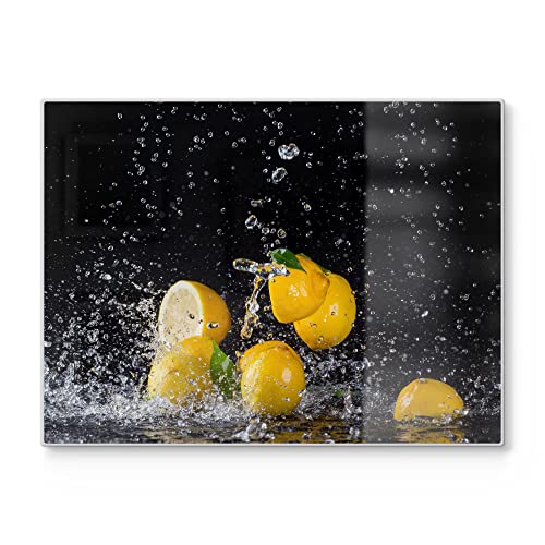 DEQORI Schneidebrett aus Glas | groß 40x30 cm | Motiv "Zitronen und Wasserperlen" | Design Schneideplatte für Küche | Frühstücksbrett antibakteriell & rutschfest | Glasplatte & Servierplatte von DEQORI