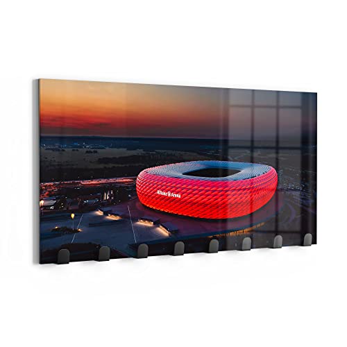 DEQORI Wandgarderobe Glas & Metall | Motiv Allianz Arena, München | 60x30 cm | Design Haken-Leiste modern | Garderoben-Paneel für Flur, Wohnzimmer & Schlafzimmer | magnetisch & beschreibbar von DEQORI
