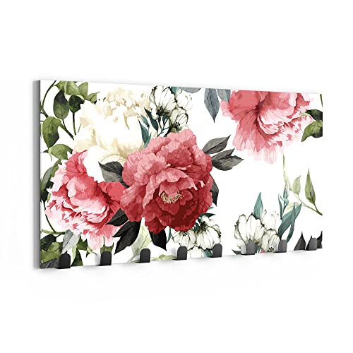 DEQORI Wandgarderobe Glas & Metall | Motiv Bunte Pfingstrosen | 60x30 cm | Design Haken-Leiste modern | Garderoben-Paneel für Flur, Wohnzimmer & Schlafzimmer | magnetisch & beschreibbar von DEQORI