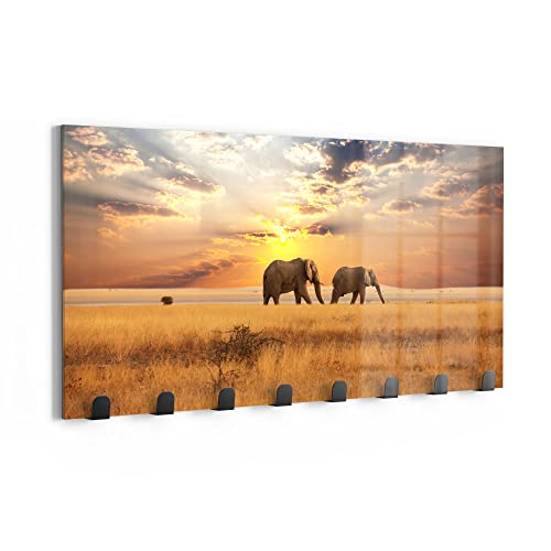 DEQORI Wandgarderobe Glas & Metall | Motiv Elefanten in der Steppe | 60x30 cm | Design Haken-Leiste modern | Garderoben-Paneel für Flur, Wohnzimmer & Schlafzimmer | magnetisch & beschreibbar von DEQORI