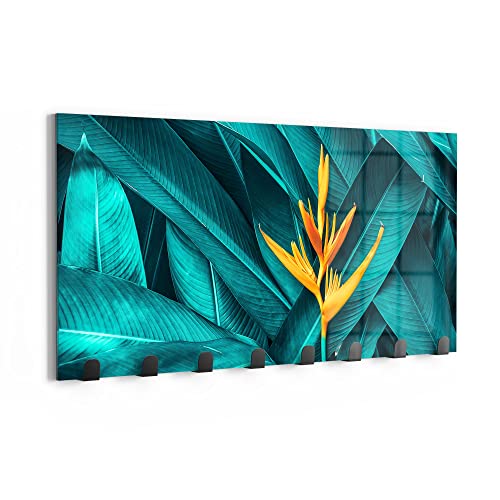 DEQORI Wandgarderobe Glas & Metall | Motiv Exotische Tropenblüte | 60x30 cm | Design Haken-Leiste modern | Garderoben-Paneel für Flur, Wohnzimmer & Schlafzimmer | magnetisch & beschreibbar von DEQORI