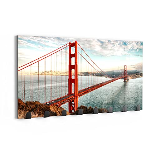 DEQORI Wandgarderobe Glas & Metall | Motiv Golden Gate Bridge | 60x30 cm | Design Haken-Leiste modern | Garderoben-Paneel für Flur, Wohnzimmer & Schlafzimmer | magnetisch & beschreibbar von DEQORI