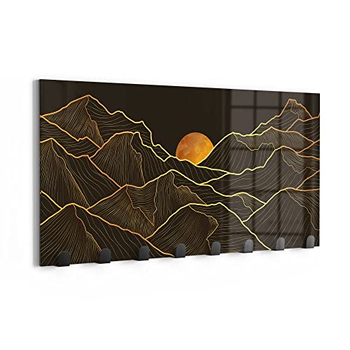 DEQORI Wandgarderobe Glas & Metall | Motiv Goldenes Linien Gebirge | 60x30 cm | Design Haken-Leiste modern | Garderoben-Paneel für Flur, Wohnzimmer & Schlafzimmer | magnetisch & beschreibbar von DEQORI