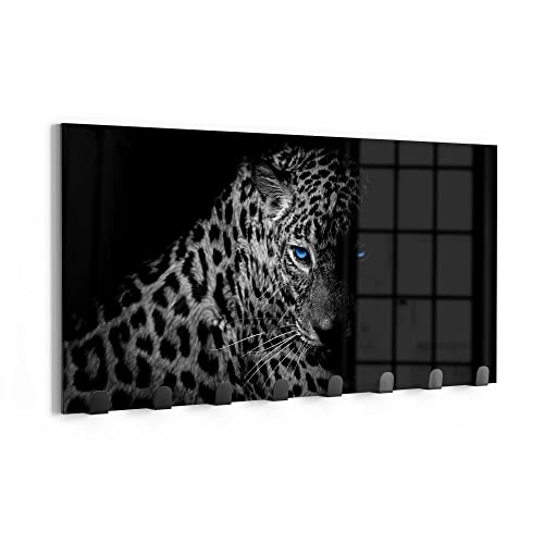 DEQORI Wandgarderobe Glas & Metall | Motiv Leopard mit blauen Augen | 60x30 cm | Design Haken-Leiste modern | Garderoben-Paneel für Flur, Wohnzimmer & Schlafzimmer | magnetisch & beschreibbar von DEQORI
