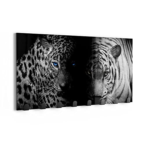 DEQORI Wandgarderobe Glas & Metall | Motiv Leopard und Tiger | 60x30 cm | Design Haken-Leiste modern | Garderoben-Paneel für Flur, Wohnzimmer & Schlafzimmer | magnetisch & beschreibbar von DEQORI