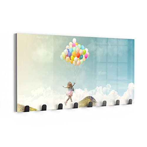 DEQORI Wandgarderobe Glas & Metall | Motiv Mädchen an Luftballons | 60x30 cm | Design Haken-Leiste modern | Garderoben-Paneel für Flur, Wohnzimmer & Schlafzimmer | magnetisch & beschreibbar von DEQORI