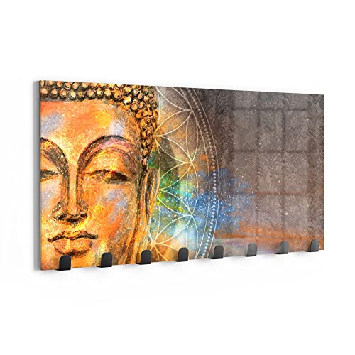 DEQORI Wandgarderobe Glas & Metall | Motiv Meditierender Buddha | 60x30 cm | Design Haken-Leiste modern | Garderoben-Paneel für Flur, Wohnzimmer & Schlafzimmer | magnetisch & beschreibbar von DEQORI