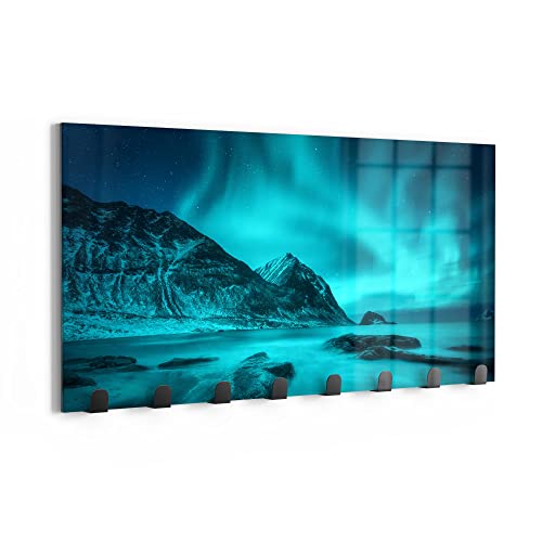 DEQORI Wandgarderobe Glas & Metall | Motiv Polarlichter in Norwegen | 60x30 cm | Design Haken-Leiste modern | Garderoben-Paneel für Flur, Wohnzimmer & Schlafzimmer | magnetisch & beschreibbar von DEQORI
