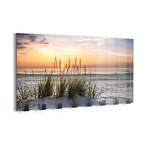 DEQORI Wandgarderobe Glas & Metall | Motiv Sonnenuntergang am Strand | 60x30 cm | Design Haken-Leiste modern | Garderoben-Paneel für Flur, Wohnzimmer & Schlafzimmer | magnetisch & beschreibbar von DEQORI