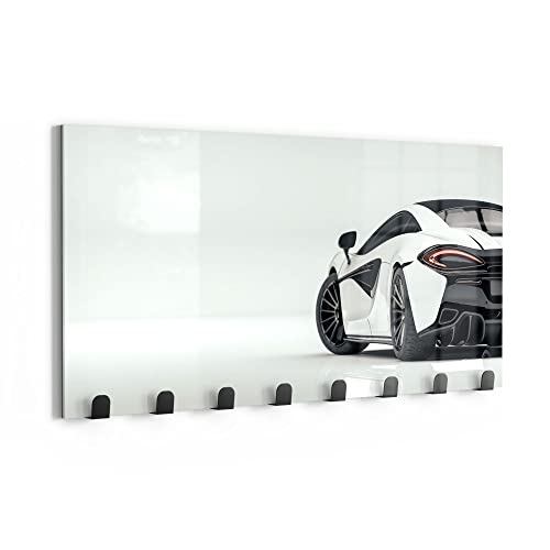 DEQORI Wandgarderobe Glas & Metall | Motiv Sportliches Auto | 60x30 cm | Design Haken-Leiste modern | Garderoben-Paneel für Flur, Wohnzimmer & Schlafzimmer | magnetisch & beschreibbar von DEQORI