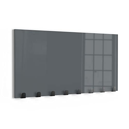 DEQORI Wandgarderobe Glas & Metall | Unifarben - Dunkelgrau | 60x30 cm | Design Haken-Leiste modern | Garderoben-Paneel für Flur, Wohnzimmer & Schlafzimmer | magnetisch & beschreibbar von DEQORI