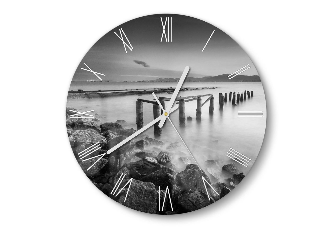 DEQORI Wanduhr 'Alte Anlegestelle am Meer' (Glas Glasuhr modern Wand Uhr Design Küchenuhr) von DEQORI
