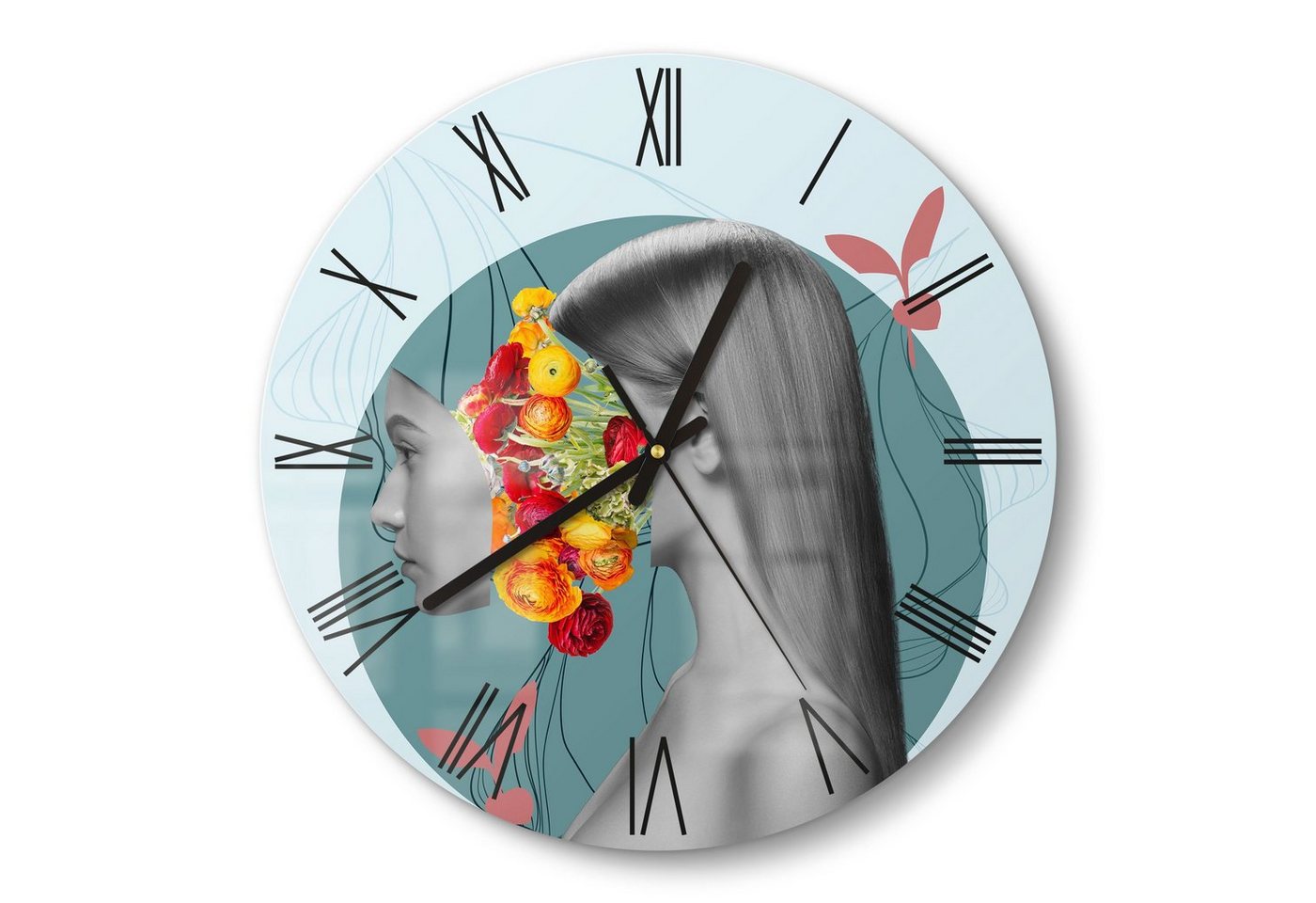 DEQORI Wanduhr 'Frau mit Blumen im Kopf' (Glas Glasuhr modern Wand Uhr Design Küchenuhr) von DEQORI