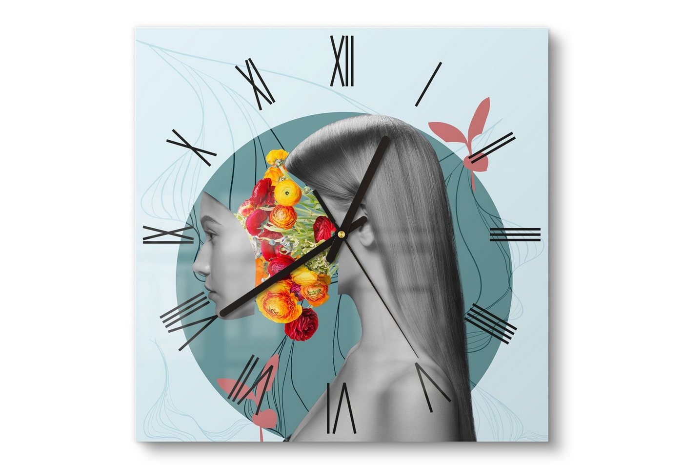 DEQORI Wanduhr 'Frau mit Blumen im Kopf' (Glas Glasuhr modern Wand Uhr Design Küchenuhr) von DEQORI