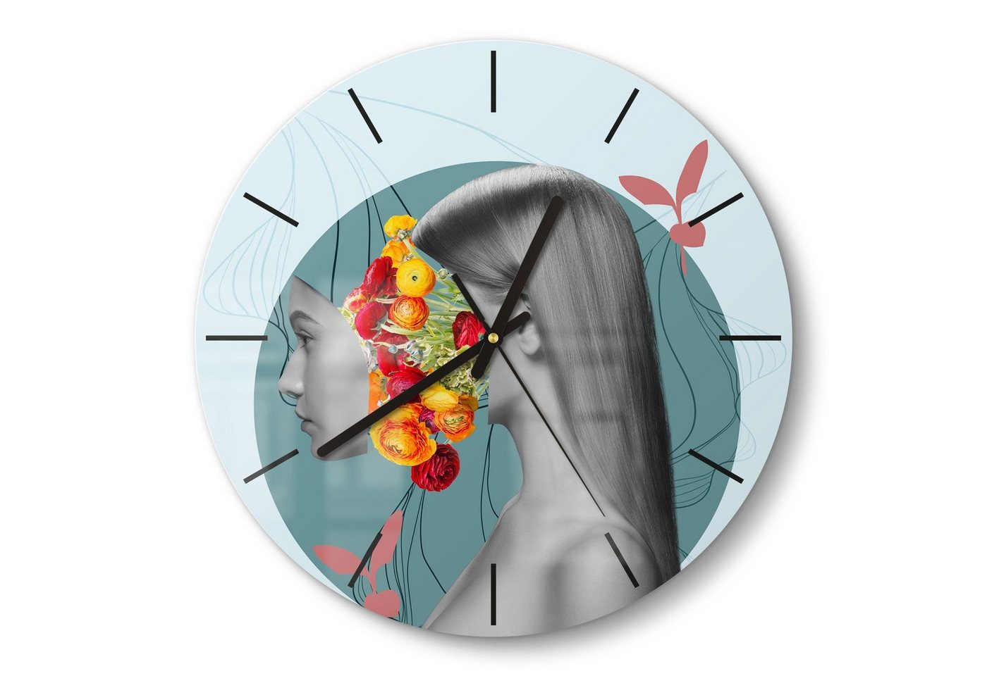 DEQORI Wanduhr 'Frau mit Blumen im Kopf' (Glas Glasuhr modern Wand Uhr Design Küchenuhr) von DEQORI