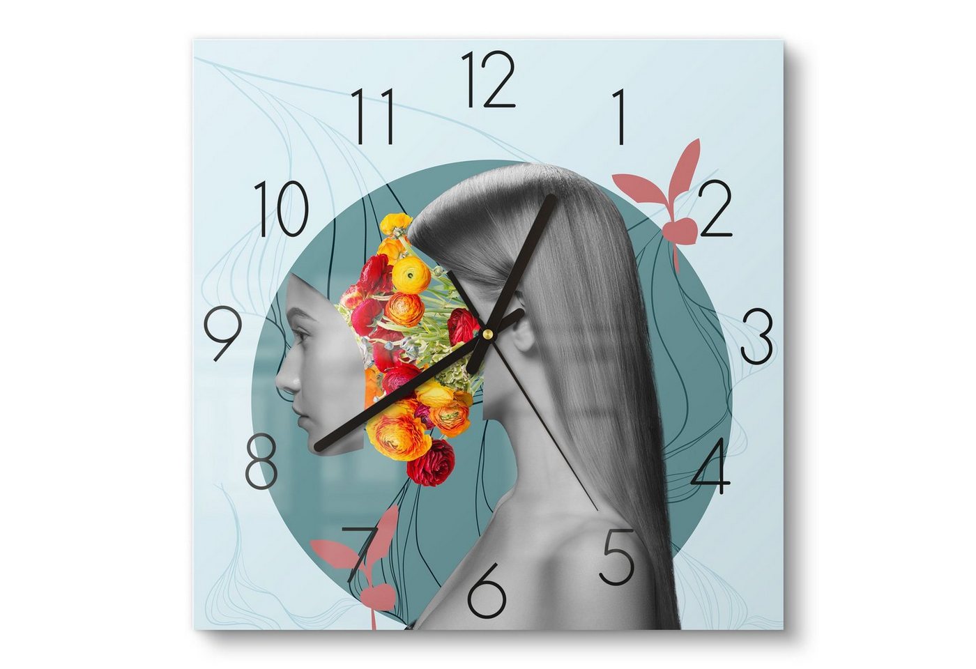 DEQORI Wanduhr 'Frau mit Blumen im Kopf' (Glas Glasuhr modern Wand Uhr Design Küchenuhr) von DEQORI