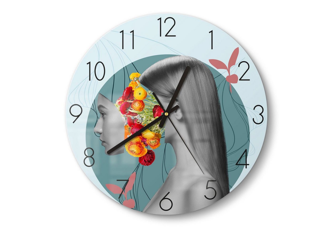 DEQORI Wanduhr 'Frau mit Blumen im Kopf' (Glas Glasuhr modern Wand Uhr Design Küchenuhr) von DEQORI