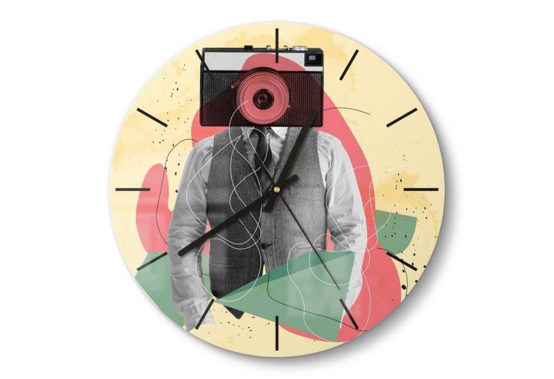 DEQORI Wanduhr 'Mann mit Kamerakopf' (Glas Glasuhr modern Wand Uhr Design Küchenuhr) von DEQORI