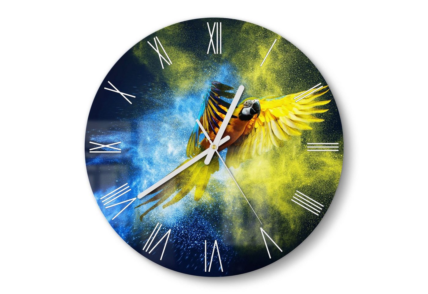 DEQORI Wanduhr 'Papagei in Farbwolke' (Glas Glasuhr modern Wand Uhr Design Küchenuhr) von DEQORI