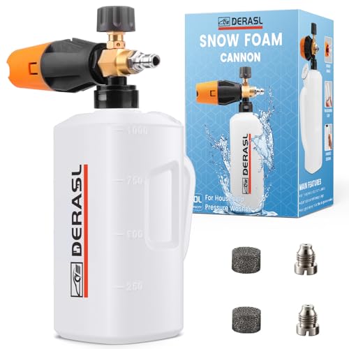 DERASL 1L Schaumkanone für Hochdruckreiniger - Justierbare Düse, 1/4" Schnellverbindung, Schneeschaum-Lanze für Autowaschen, zusätzliche 1,1mm & 1,35mm Düse, Netzfilter von DERASL