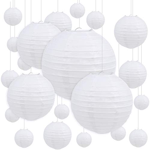 DERAYEE 10 Stück weiße Papierlaternen, rund Lampenschirm mit 15m elastischer Fischseidenfaden für Hochzeit Party usw. Dekoration von DERAYEE