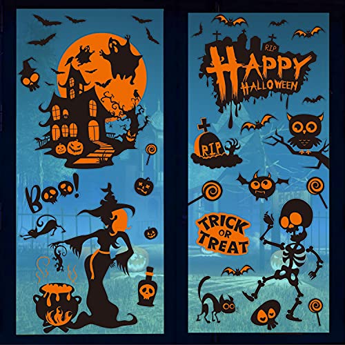 DERAYEE 8 Blätter Halloween Aufkleber, Halloween Fensterbilder Sticker Fensterdeko Kürbisse Hexen Werwölfe Geister Fledermäuse Halloween Deko für Halloween Party Heimdekoration Schuldekoration usw.… von DERAYEE