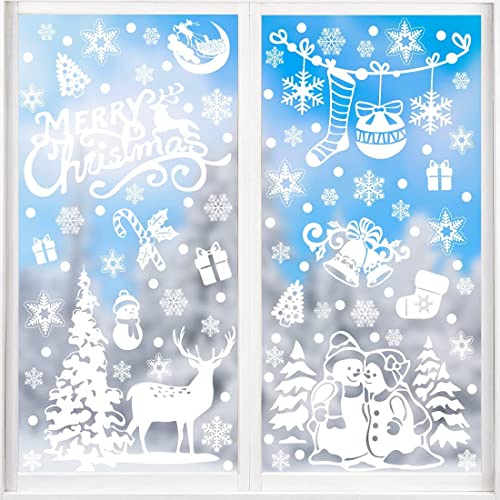 DERAYEE 8 Bögen Weihnachtsaufkleber, Fenster, wiederverwendbar, Weihnachtsaufkleber, Schneeflocken, elektrostatisch, PVC, Frohe Weihnachten, Dekoration für Glas, Vitrine und Tür von DERAYEE