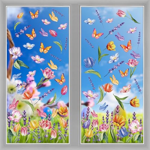 DERAYEE Fenstersticker Ostern Selbstklebend 8 Blätter, Fensterdekoration Ostern mit Tulpen, Blumen, Schmetterlinge, Fenster Aufkleber Dekorationen Wiederverwendbar für Ostern von DERAYEE