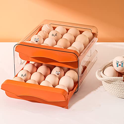 DERGH 32 Gitter Eieraufbewahrung Doppelschicht Eierkorb mit Deckel 2 Schubladen Kühlschrank Eierbehälter Organizer Eierhalter Kunststoff Eier Aufbewahrungsbox Transparent Eierhalter Tablett Orange von DERGH