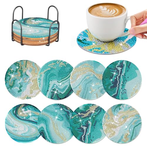 DERJDISF Diamond Painting Untersetzter - 8er Pack Diamond Painting Coasters mit Halter, Wiederverwendbare DIY Marine Cup Untersetzer mit Diamanten Montagewerkzeugen für Tassendekoration von DERJDISF