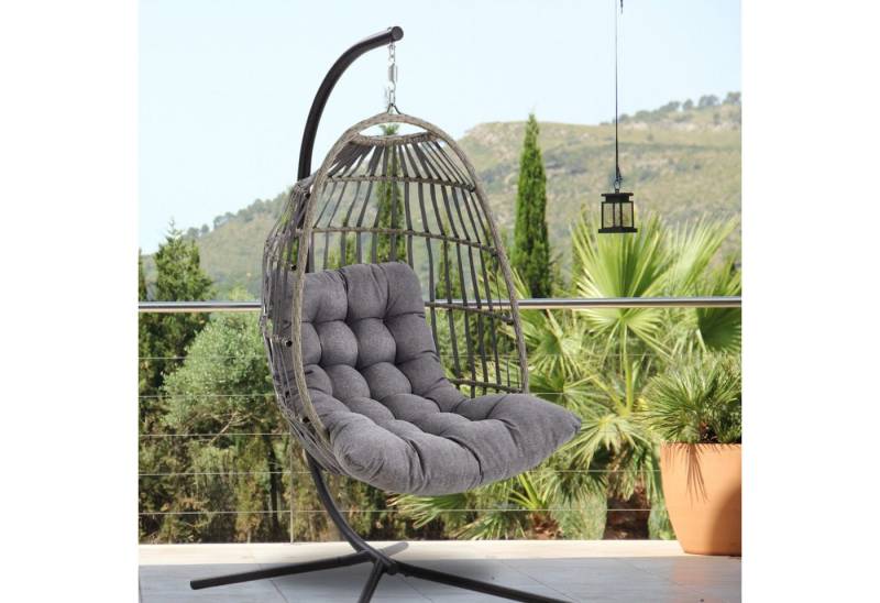 DERKORB Hängesessel Der Hängekorb - Hängesessel mit Gestell und extra dickem Kissen (1-St), Polyrattan, wetterfest, 10cm dickes Sitzkissen, stabiler X-Standfuß von DERKORB