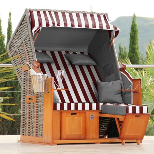 DERKORB Strandkorb 2 Sitzer Ostsee XXL Volllieger, fertig aufgebaut mit Rollen, 137cm breit, ideal für Garten Terrasse Balkon (Rot Weiß) von DERKORB