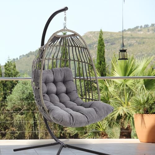 Der Hängekorb - Hängesessel mit Gestell, wetterfest inkl. Polster – Rattan Hängeschaukel für Garten & Indoor, Outdoor Schaukelsessel in Anthrazit von DERKORB