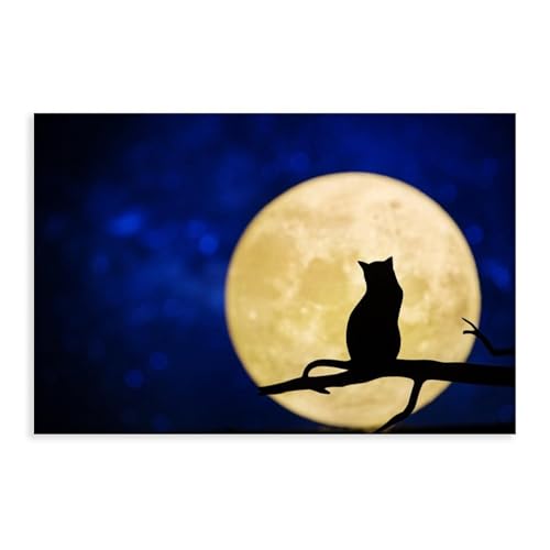 DESHVA Poster auf Leinwand mit Katze und Vollmond, Schlafzimmer, Dekoration, Sport, Landschaft, Büro, Raumdekoration, Geschenk, ungerahmt, 60 x 90 cm von DESHVA