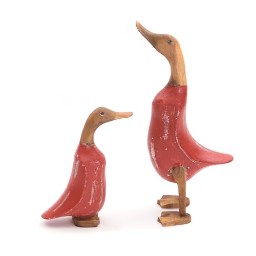 DESIGN DELIGHTS Enten HOLZFIGUREN Set Duck | Mahagoni, Teakholz, 33x20, bunt, 2-teilig | Deko Ente, Enten Skulptur, Holzskulptur, farbige Teak Dekofigur, Tierfigur | Farbe: rot von DESIGN DELIGHTS