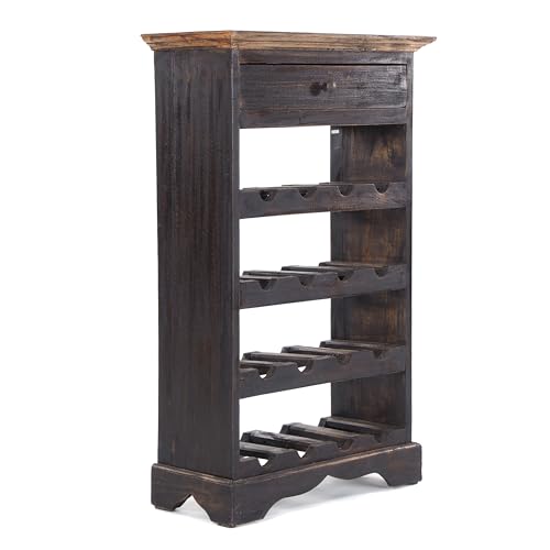 DESIGN DELIGHTS MASSIVHOLZ WEINREGAL Napoleon | 85x55cm(HxB), nostalgisches Flaschenregal mit Schublade | Vintage schwarz - Natur von DESIGN DELIGHTS