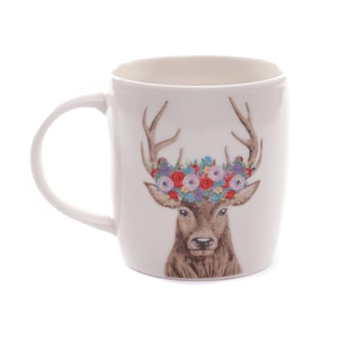 DESIGN DELIGHTS Motiv Tasse Hirsch mit Blumenkranz | 12 cm, Porzellan, weiß | Kaffeetasse mit Motiv, Blumen Becher, Motivtasse, Geweih Aufdruck, Teetasse, Geschenk Tasse von DESIGN DELIGHTS