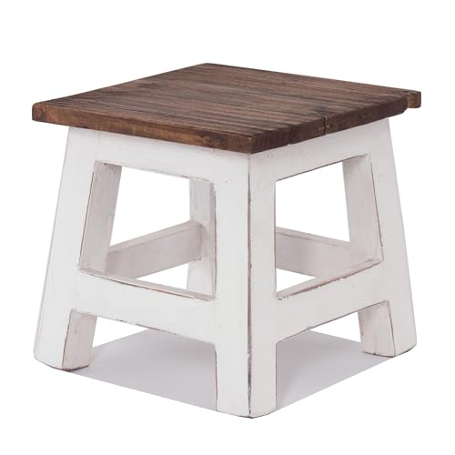 DESIGN DELIGHTS RUSTIKALER Vintage FUSSHOCKER PALO | 27,5x26x26cm (HxBxT), Mahagoni Recyclinholz | Holzhocker, Sitzhocker, Beistelltisch, Blumenhocker | Farbe: 06 weiß-Landhaus von DESIGN DELIGHTS