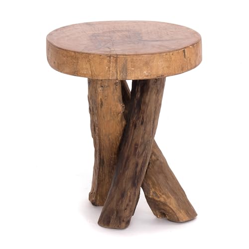 DESIGN DELIGHTS Robuster runder HOLZTISCH Teak 40 | 41x34cm (HxØ), Altholz | rustikaler Beistelltisch, Dreibeinhocker, Fußhocker, Holztisch, Blumenhocker von DESIGN DELIGHTS