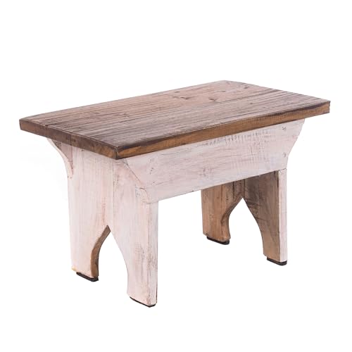 DESIGN DELIGHTS Rustikaler FUßHOCKER BRUSCO | 25x39cm (HxB) | Holzhocker aus aufgearbeitetem Mahagoniholz, Schemel, Blumenhocker, Kleiner Hocker | Farbe: 05 weiß-Natur von DESIGN DELIGHTS
