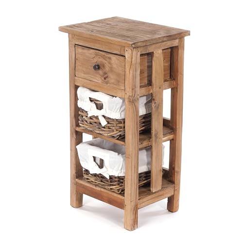 DESIGN DELIGHTS TELEFONTISCH Tower | 70x38x28cm (HxBxT), Holz Flurtisch Recyclingholz, mit 2 Rattan Körben und Schublade | Beistelltisch, Flurtisch von DESIGN DELIGHTS